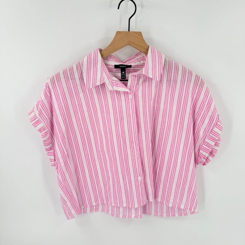 AQUA Button Down Shirt Pink Medium Striped Cropped Coastal Preppy Coquette